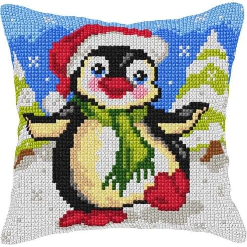 DIY Cross Stitch Cushion Front Christmas Penguin Needlepoint Kits Printed Canvas Chunky Yarn Cross-stitch Pillow Case Arts & Cra