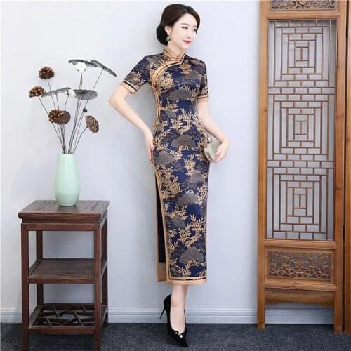 Spring Summer Chinese Style Long Dress Women Elegant Floral Print Long Dress Casual Turtleneck Split Sexy Party Dress Robe M-4XL