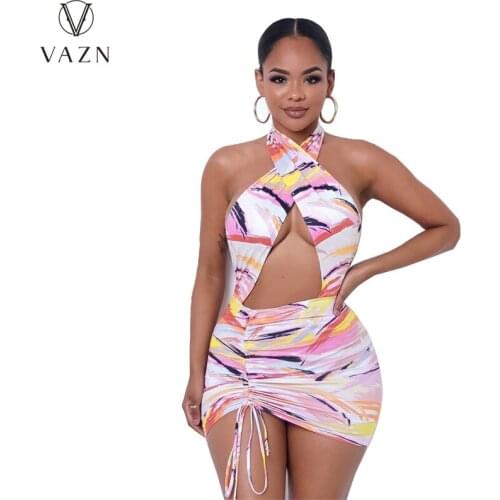 VAZN 2021 INS Drawstring Style Sexy Pink Beach Little Chap Halter Off Shoulder Hollow Out Open Women Thin Mini Dress