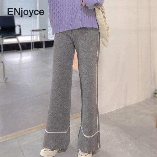 Vintage High Waist Wide Leg Straight Flare Knit Pants Women Casual Elastic knitted Warm Trousers 2020 Fall Winter Fashion