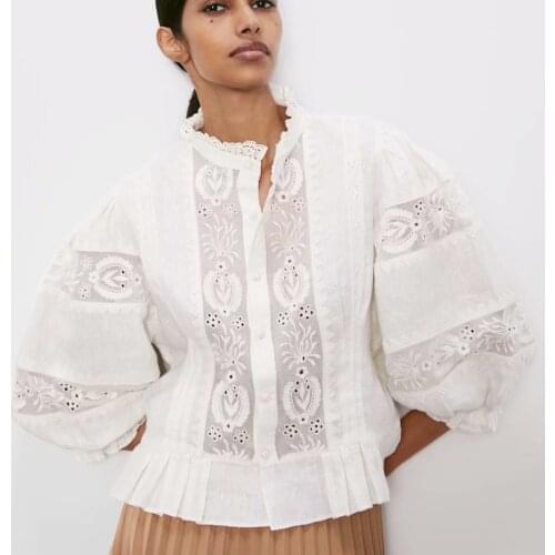 Blouse White Lace Shirts Women 2020 Cotton Floral Embroidered See Through Hollow Out Long Puff Sleeves Casual Loose Blouses 2020