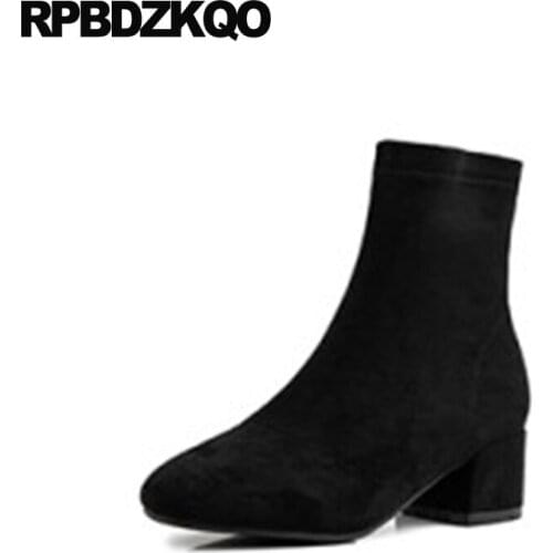 Short Ladies Chinese 10 Big Size 2021 Shoes Winter Block Fur Plus Black Women Ankle Boots Medium Heel Round Toe Chunky Suede