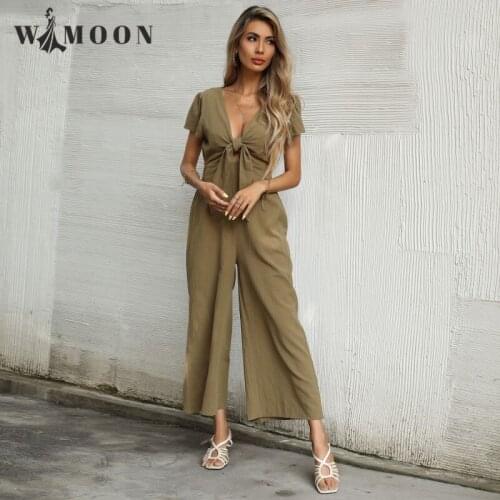 2021 Summer New Solid Color Sexy V-neck Wide Leg Jumpsuit Women Lace Up High Street Romper Casual Loose Jumpsuit Women