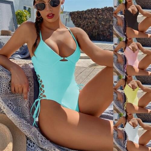 Womens new one-piece swimsuit European and American bikini womens swimsuit sexy solid color swimsuit all in one bikinis