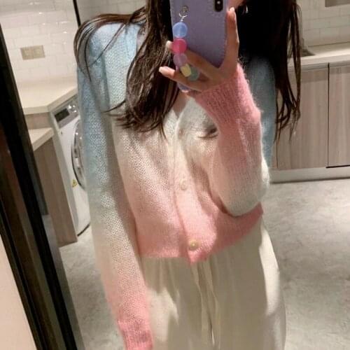Autumn Sweet Rainbow Sweater Cardigan Women V-Neck Long Sleeve Kawaii Casual Sweater Tops Female Party Outing Cute Coat 2021