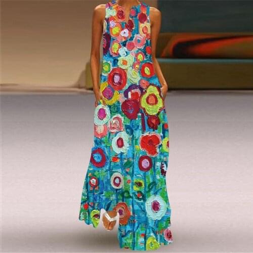 New Fashion Print Summer Dress Casual Floral Sexy Boho Beach Vintage Dresses Women V-neck Sleeveless Pocket Plus Size Long Dress