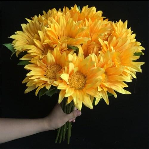 10Pcs Silk Sunflower Stems Simulation Sunflowers with Green Leaf for Home Wedding Decorative Artificial Flowers