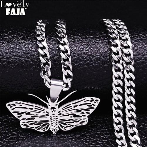 2021 Punk Sull Moth Stainless Steel Pendant Necklace Women/Men Silver Color Chain Necklace Jewelry collares de mujer N4401S03