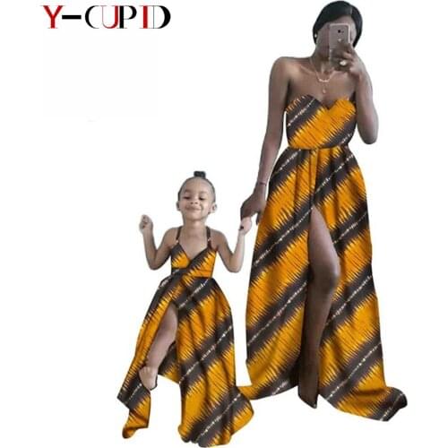 African Ankara Print Strapless Long Dresses for Women Girls Bazin Riche Sexy Mother Daughter Matching Clothing Summer S20F002