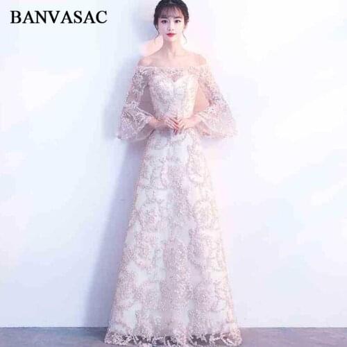 BANVASAC 2018 Boat Neck Sequined Sash A Line Long Evening Dresses Party Lace Embroidery Long Sleeve Prom Gowns