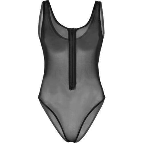 Black Women Sexy Bodysuit Lingerie Porno Underwear See-through Sheer Mesh Deep U-neck Sleeveless High Cut Porno Teddy Babydolls