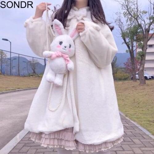 Kawaii Girl Lolita Cape Coat Women 2021 Winter New Long Sleeve Plush Shawl Female Warm Long Cape Trench Faux Rabbit Fur Outwears
