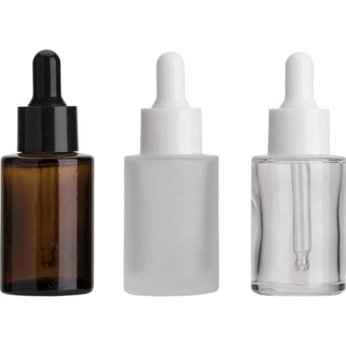 30ml Glass Bottle Flat Shoulder Frosted Clear Amber Glass Round Essential Oil Serum Bottle With Glass Dropper LX3165