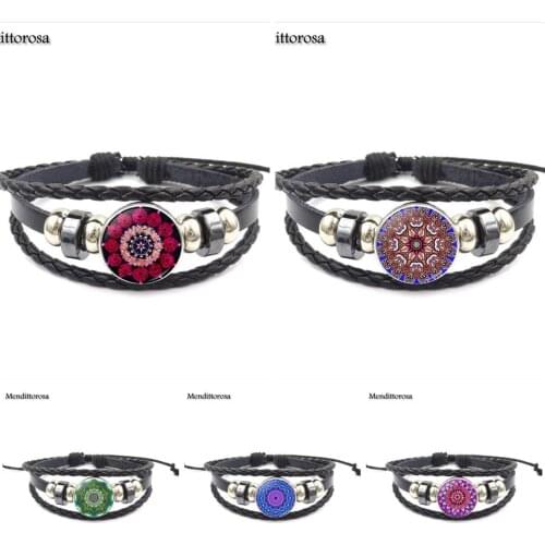 Mendittorosa Mandala Flower Fashion Multi Designs Glass Cabochon Black Leather Bracelet Bangle Jewelry Gifts