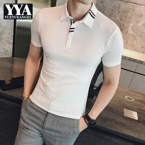 2021 Mens Short Sleeve Summer Casual T-Shirts Korean Style Fashion Concise Turn-Down Collar Pullover Slim Spliced Harajuku New