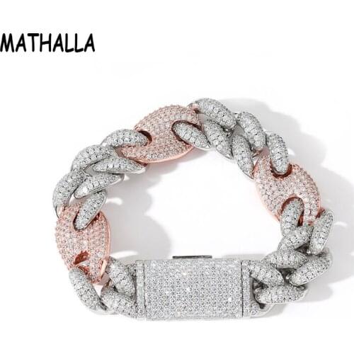 MATHALLA Mens Hiphop Brass CZ Jewelry 20mm 3:1 Double Color Iced Out Cubic Zircon Cuban Chain Bracelet