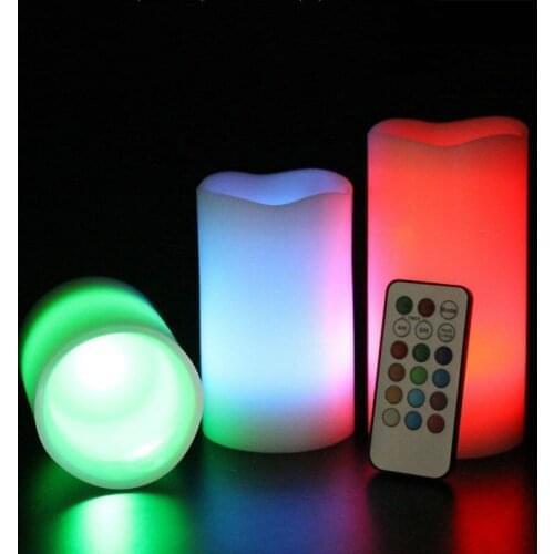 Set of 3 Round Melted Edge remote controled Flameless Wax Pillar Candle 4H/8H Timer function F/Home bar Wedding party-Multicolor