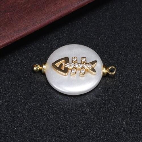 Multiple tiny cz crystal paved gold fish bone charm white pearl bead connector for jewelry making for bracelet choker