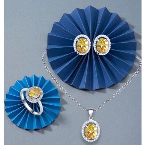 ROLILASON oval yellow crystal zircon earrings / necklace / ring / jewelry set new commemorative gift JS790