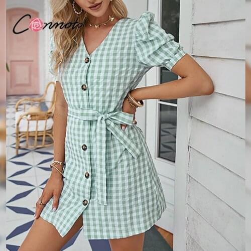 Conmoto Casual plaid vintage summer dress Short puffle sleeve sash women shirt dress 2021 Fashion buttons mini dresses ladies