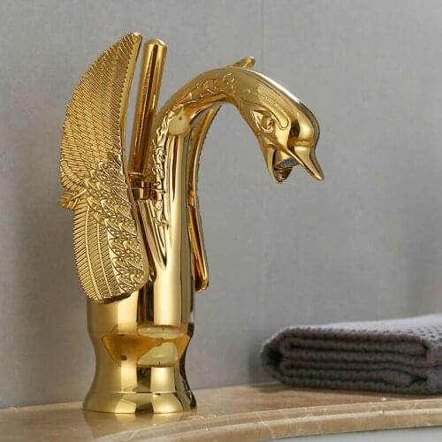 Bathroom Basin Faucet Luxury Gold Swan Hot and Cold Sink Faucet Lavotory Faucet Bathroom Vessel Sink Mixer Taps Brass
