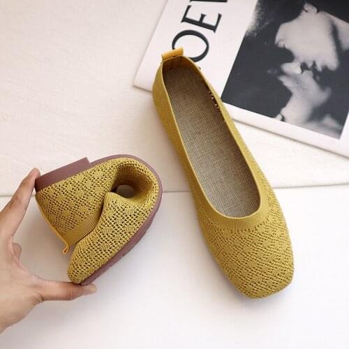 Soft sole shoes women spring 2021 new square toe knitted breathable peas shoes woven shallow mouth flat pregnant women shoes