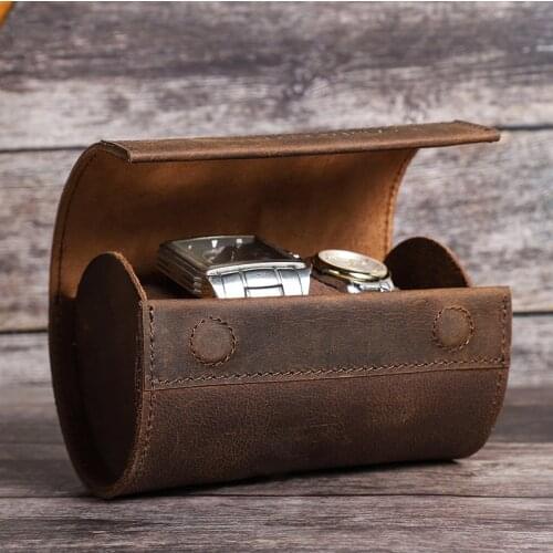 Retro 2 Slot Portable Watch Storage Box Organizer Round Magnetic Buckle Leather Couple Watch Roll Brown