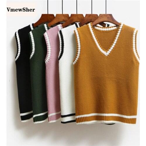 V-Neck Spliced Knitted Vest Women Casual Loose Pullover Sweater 2020 Spring Autumn New Solid Basic Sleeveless Tank Tops