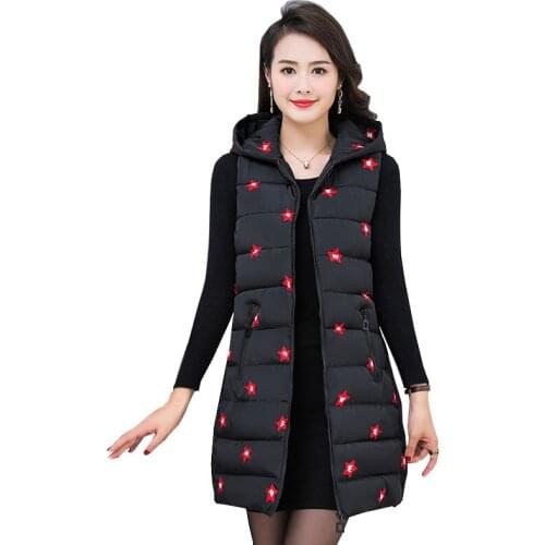 Women Autumn Winter Down Cotton Clothing 2021 Lady Elegant Hooded Vest Cotton Jacket Plus Size Loose Printed Vest Coat OK1028