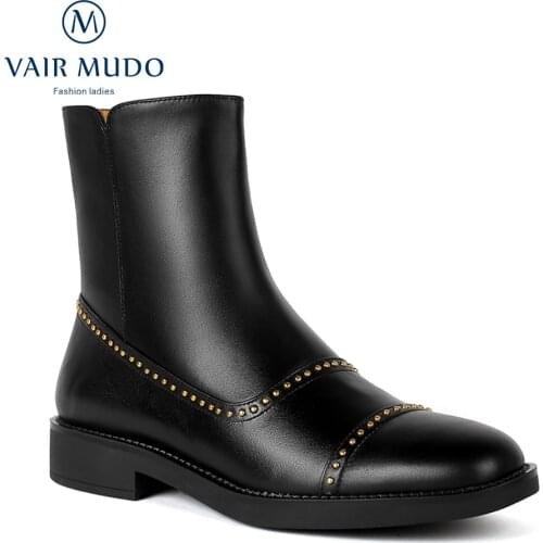 VAIR MUDO Women Ankle Boots Shoes Elegant Fashion Work & Safety Concise Genuine Leather Black Brown Autumn Winter Low HeelsDX49L