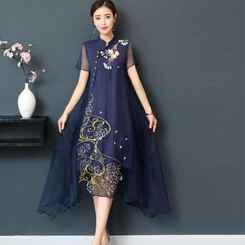 Cheongsam Dresses Summer 2020 New Robe Vintage Femme Irregular Mandarin Collar Vestidos Embroider Long Chinese Dress Qipao 10371