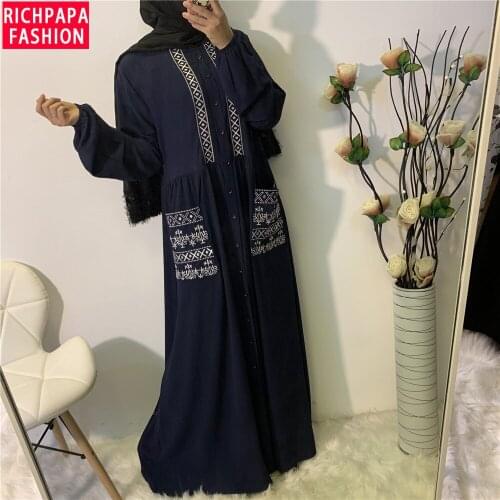 Women Casual Embroidered Buttons With Pockets Long Sleeve Maxi Muslim Dress Islamic Abaya Turkey long muslim dresses kaftan
