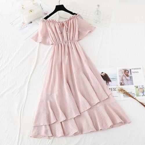 Boho 2020 Slash Neck Off Shouder Cotton linen Dress Ruffles Vintage Solid Summer Dress Party Women Casual Holiday Vestidos