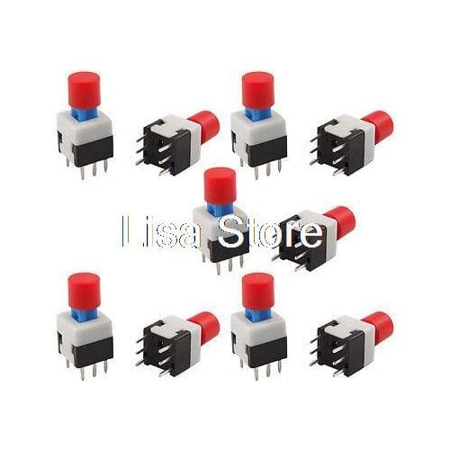 10pcs 8 x 8mm Red Round Cap Self Lock Push Button Tact Tactile Switch 6 Pin PCB