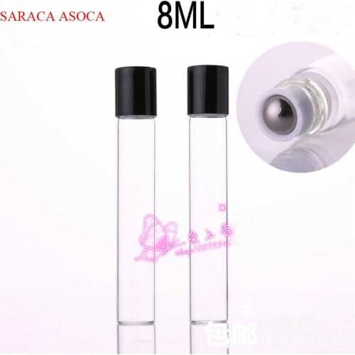 100pcs/lot 8ml Steel Roller Transparent Clear Glass Roller Bottle Empty Ball Perfume Bottle Black Cap