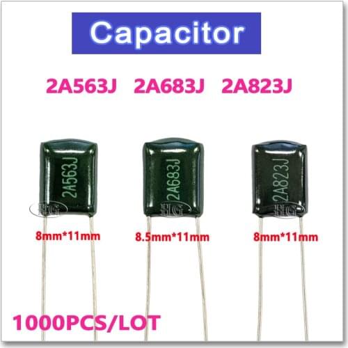 1000PCS Polyester poly Film 100V 2A563J 2A683J 2A823J 563J 683J 823J 56NF 68NF 82NF 2A 5% DIP 0.056UF 0.068UF 0.082UF GREEN