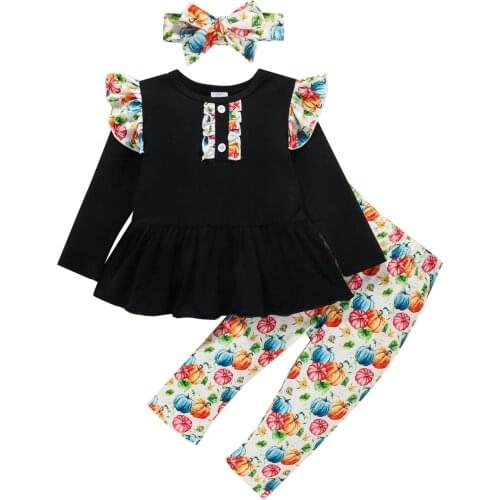 3 Pcs Newborn Halloween Outfits, Baby Girls Pumpkin Print Fly Sleeve Round Neck Pullover + Trousers + Bowknot Headband 0-24M