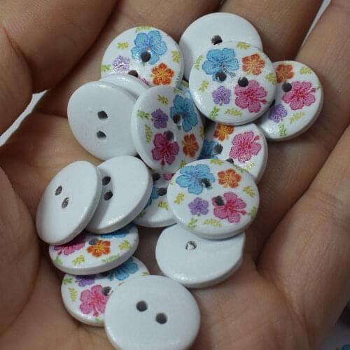 50PCS Printed Round Pattern Wooden Button Mixed 2 Hole Flower Natural Sewing Children Buttons for Handmade Clothes Accessories