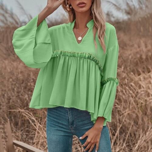 Womens Solid Color Blouse Fashion Ruffle Long Sleeve Blouse Top V Neck Ruched Loose Fitted Shirt Blusa Feminina Блузка Женская