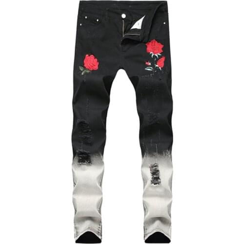 Mens Embroidery Rose Distressed Jeans Autumn Winter Fashion Hold Ripped Black Streetwear Men Jeans Plus Size 38 40