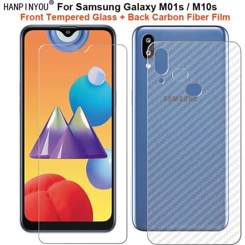 For Samsung Galaxy M01s / M10s 1 Set = Soft Back Carbon Fiber Film + Ultra Thin Clear Tempered Glass Front Screen Protector