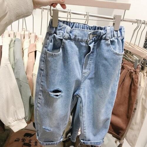 Kids Jeans Boys Casual Elastic Waist Denim Pants Hole Fashion Girls Trousers 2-6 Y Toddler Baby Jeans Spring Autumn Unisex Pants