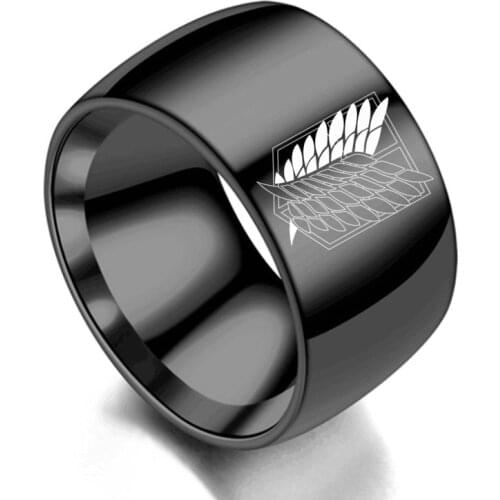 12mm Attack on Titan Black sliver Stainless Steel Ring Wings Of Liberty Flag Finger Rings For Men Women Jewelry Anime Fans