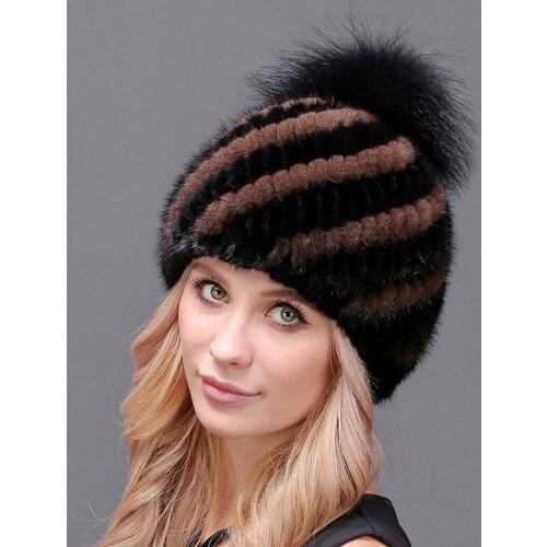 Real Mink Fur Hat for Women Winter Mink Pom Pom Hats Fur Hat Natural Fox Fur Hat for Girls Winter Knitted Female Beanies