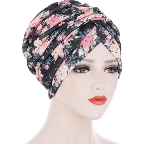 Muslim Elastic Ruffle Printed and Sponge Turban Hat Cancer Chemo Beanies Cap Headwrap Plated for women Hair Loss Accessories