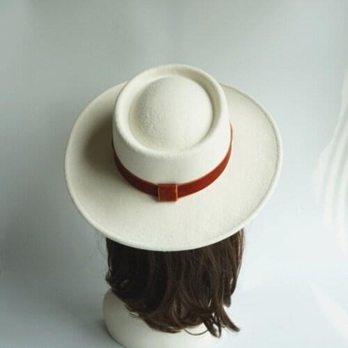 01910-shi British Style winter wool white solid orange ribbon Classic fedoras cap men women jazz hat