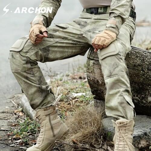 S.ARCHON US Military Camouflage Men Cotton Pants Elastic Waist Multi Pocket Combat Tactical Pants Uniform Trouser With Knee Pads