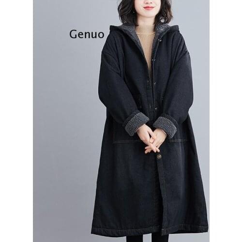 2021 New Winter Coat Women Plus Size Denim Jacket Hooded Plus Velvet Padded Windbreaker Outerwear Mid-length Lambswool Female