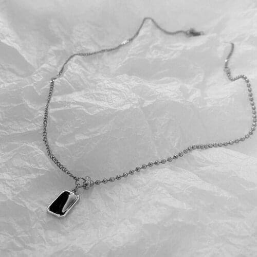 Origin Summer Asymmetric Black Square Geometrical Pendant Necklace for Women Girls Vintage Round Bead Chain Necklace Jewellery