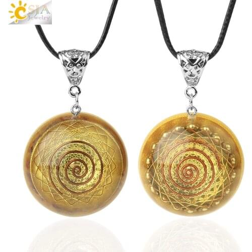 CSJA Cabochon Resin Pendant Necklaces Orgonite Energy Generator Spiral Metal Wire Natural Gravel Stones Protection Necklace G605